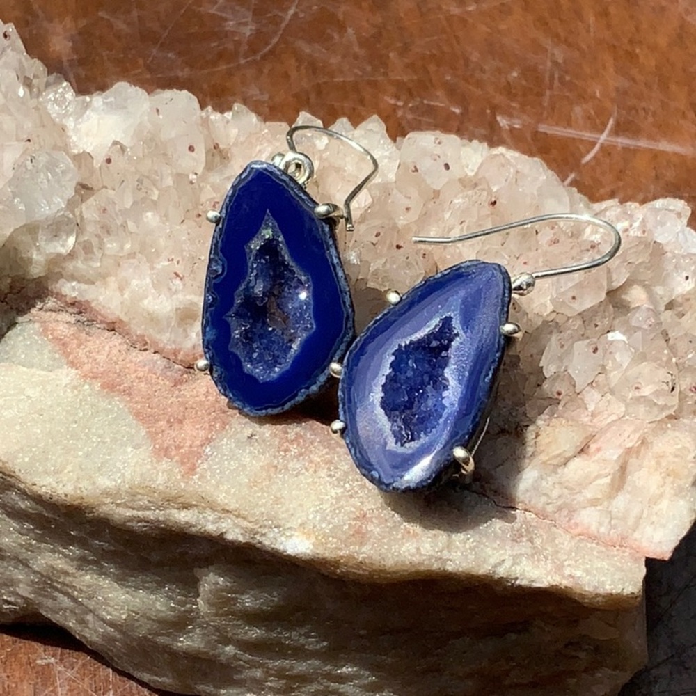 BLUE DRUZY GEODE 925 STERLING SILVER EARRINGS